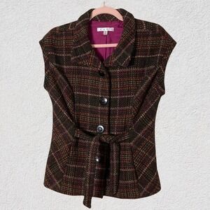 Cabi Style 691 Wool Blend Brown Plaid Belted Jacket Vest Women M Retro Mod Tweed
